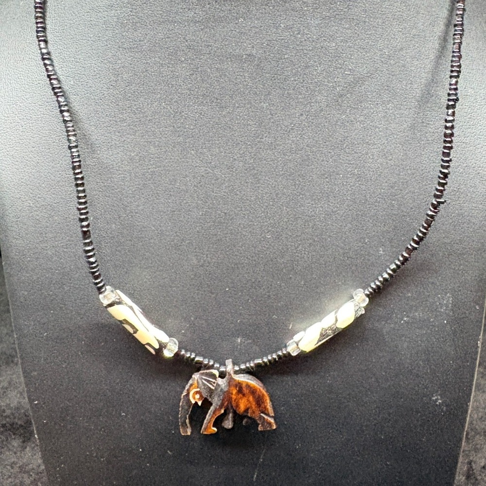 Hand Carved Wood Elephant Pendant Necklace Beaded Chain Tribal Boho